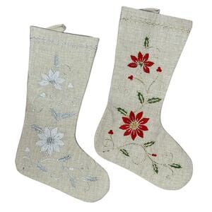 Splendid Home‎ Linen Blend Embroidered Poinsettia Lined Christmas Stockings Pair
